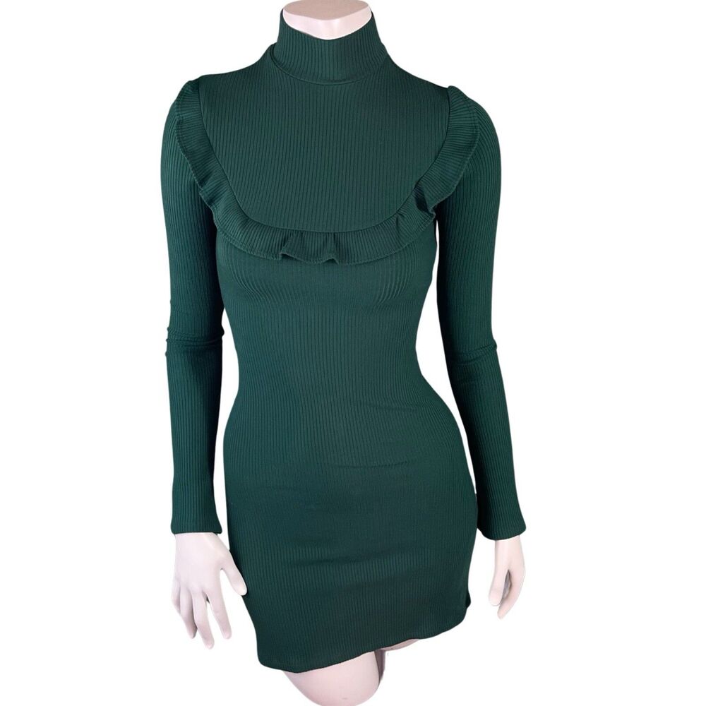 Reformation Long Sleeve Mock Neck Ribbed Party Mini Dress Emerald Green XS
